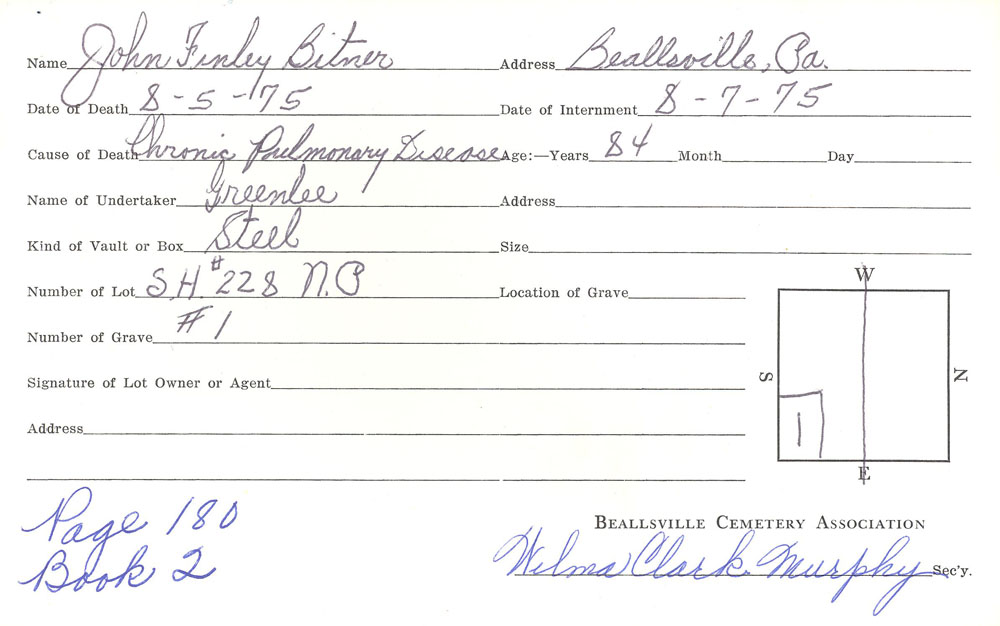 John Finley Bitner burial card